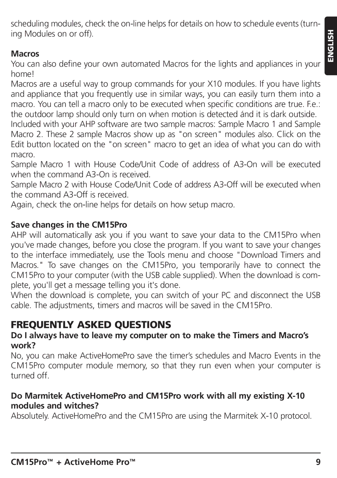 Marmitek CM15PRO manual Frequently Asked Questions, Macros, Save changes in the CM15Pro 