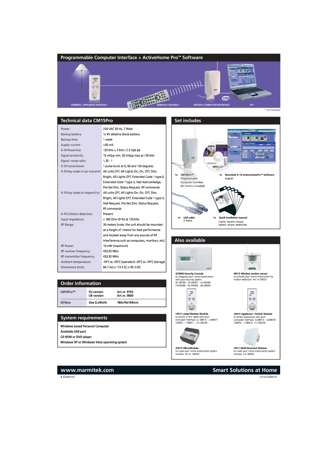 Marmitek CM15PRO Programmable Computer Interface + ActiveHome Pro Software, Technical data CM15Pro, Order information 