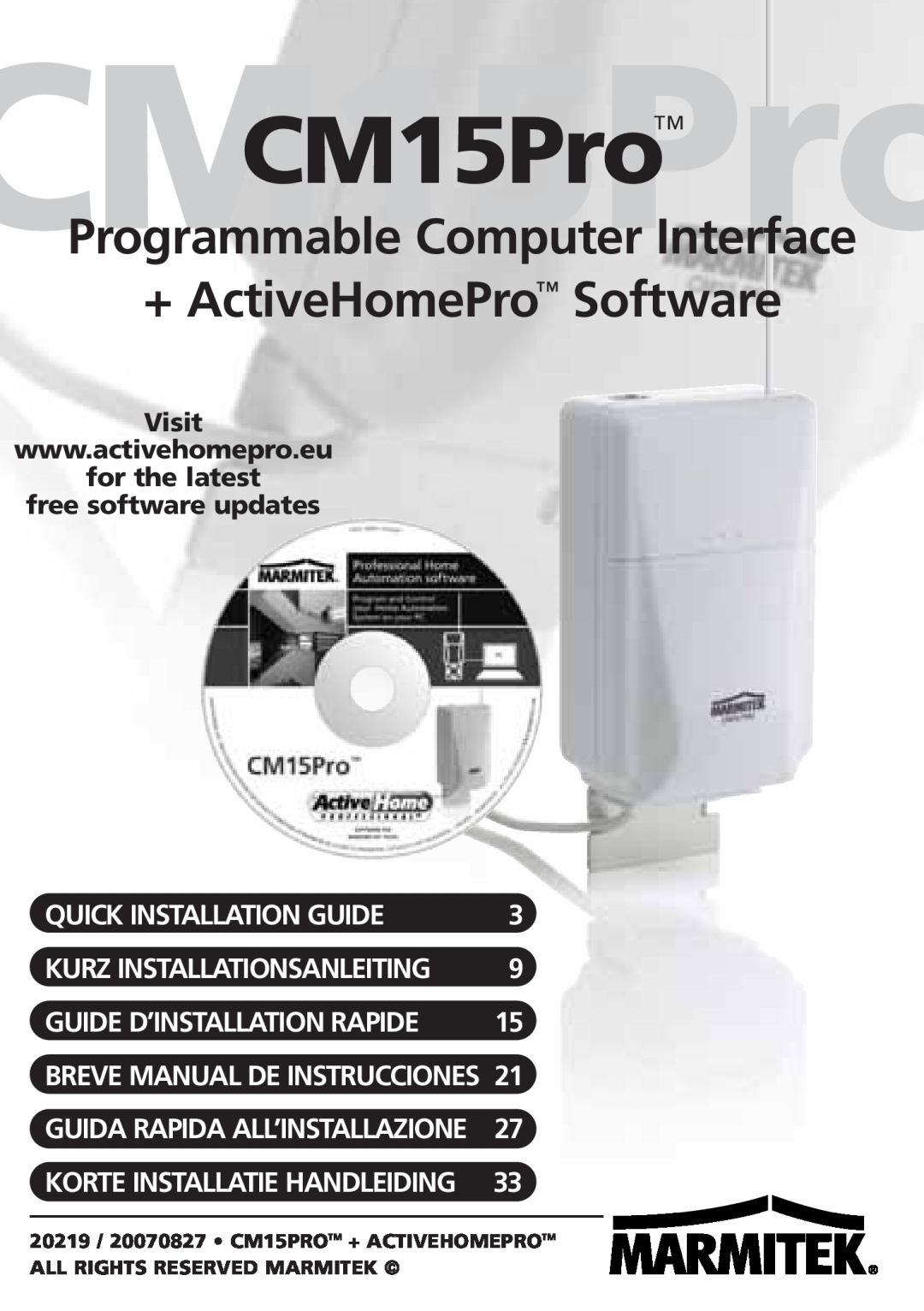 Marmitek CM15PRO manual free software updates, CM15ProCM15Pro, Programmable Computer Interface, + ActiveHomePro Software 