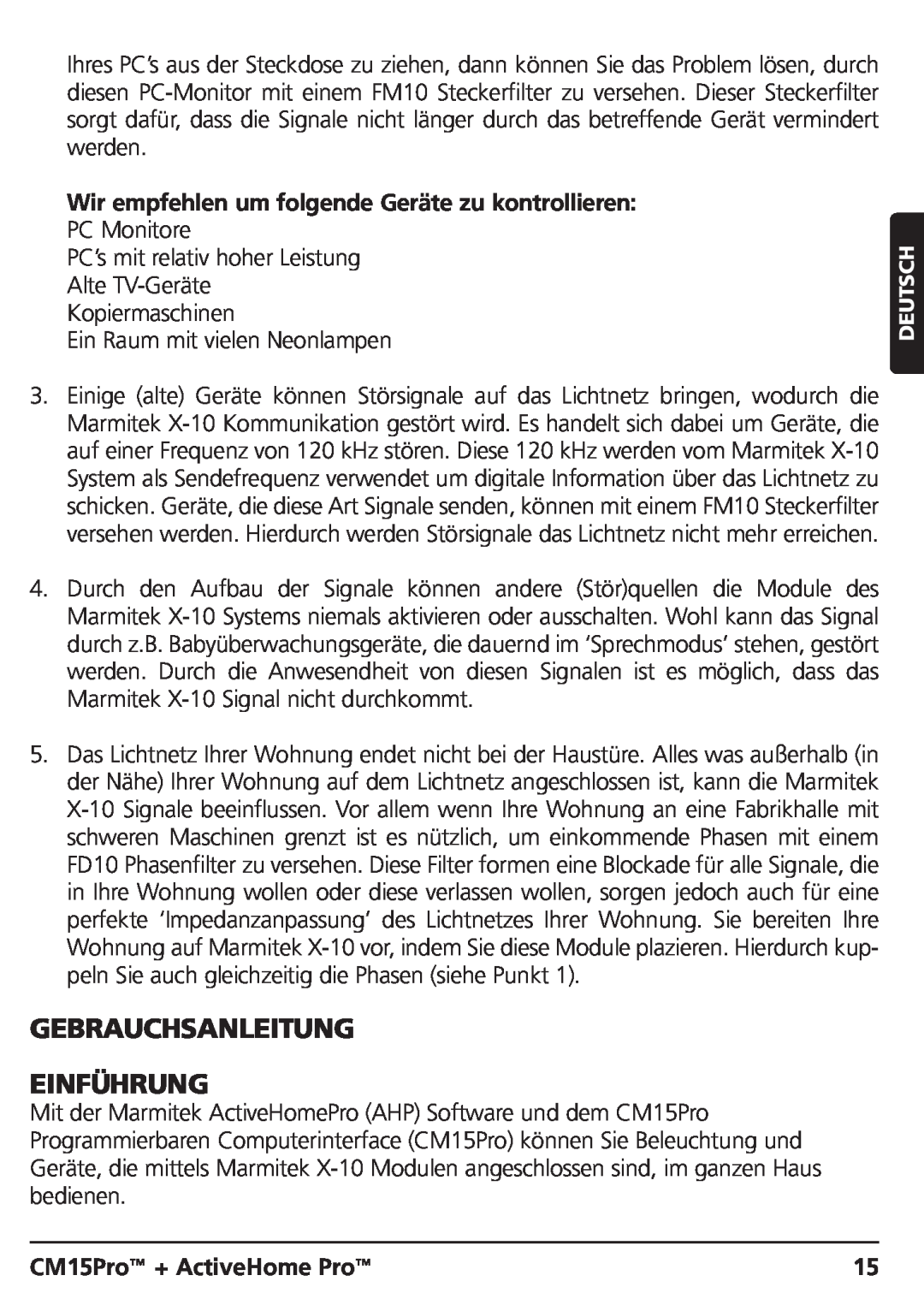 Marmitek CM15PRO manual Gebrauchsanleitung Einführung, Wir empfehlen um folgende Geräte zu kontrollieren, Deutsch 