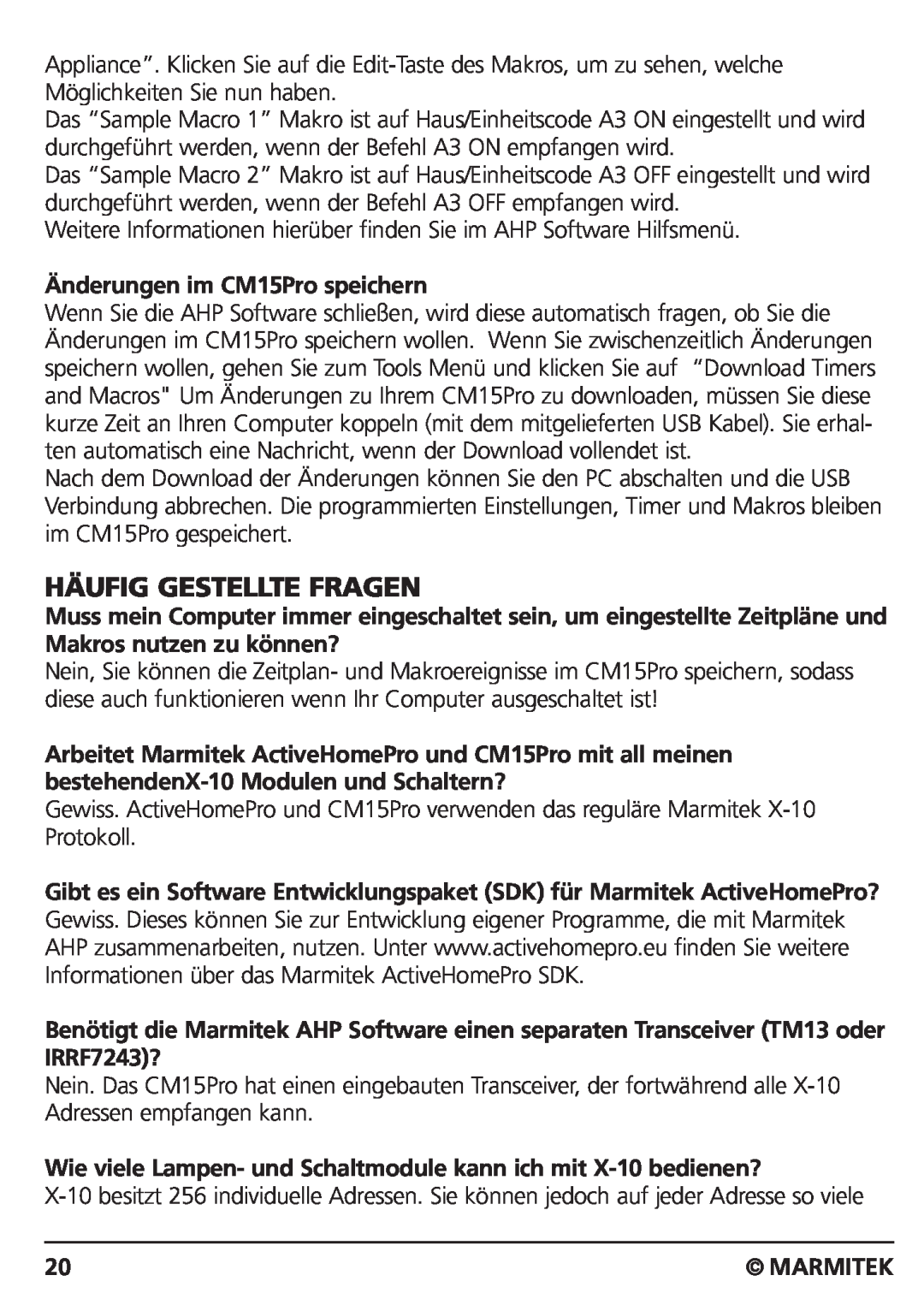 Marmitek CM15PRO manual Häufig Gestellte Fragen, Änderungen im CM15Pro speichern, Marmitek 