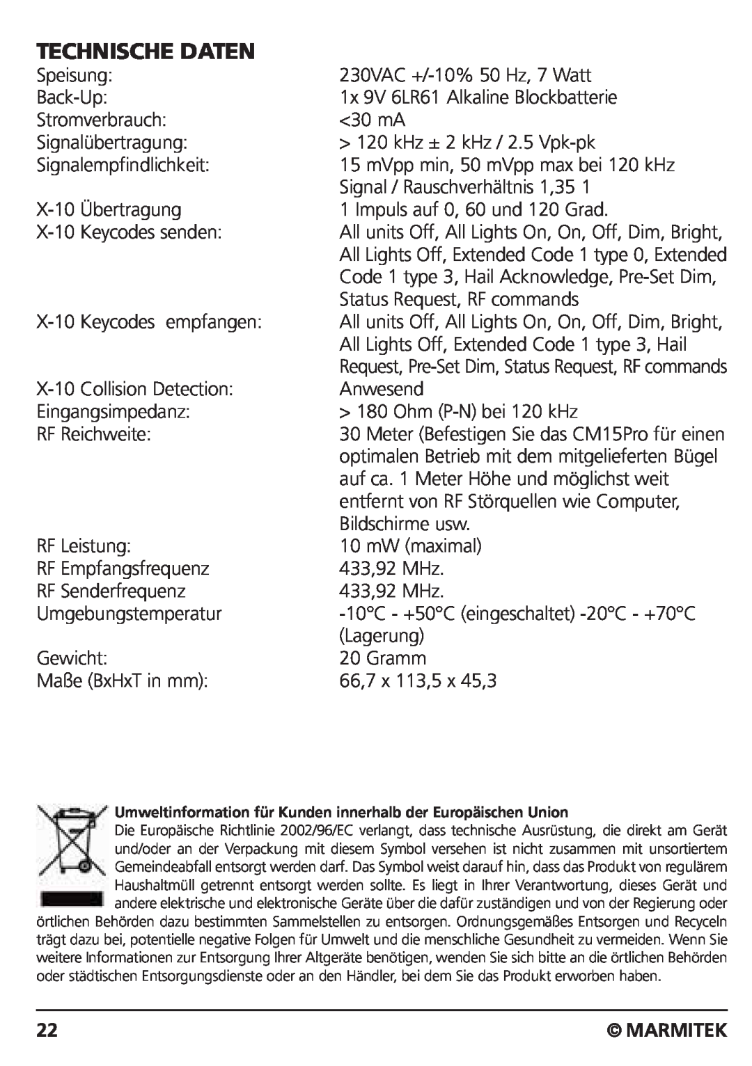 Marmitek CM15PRO manual Technische Daten, Marmitek 
