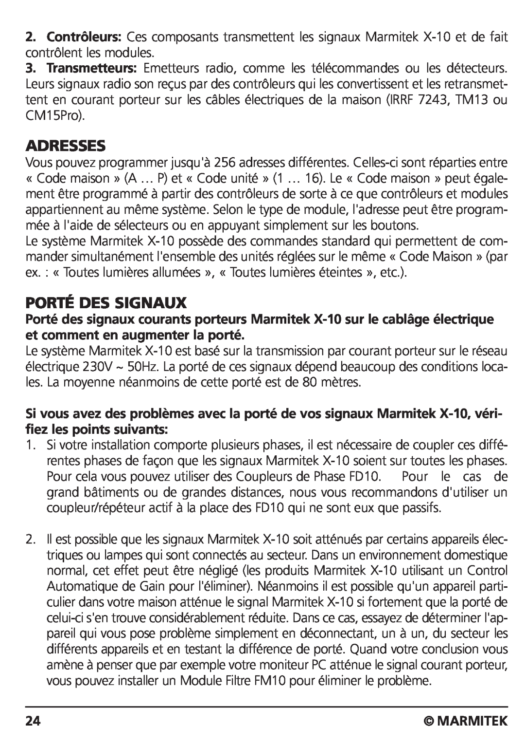 Marmitek CM15PRO manual Porté Des Signaux, Adresses, Marmitek 