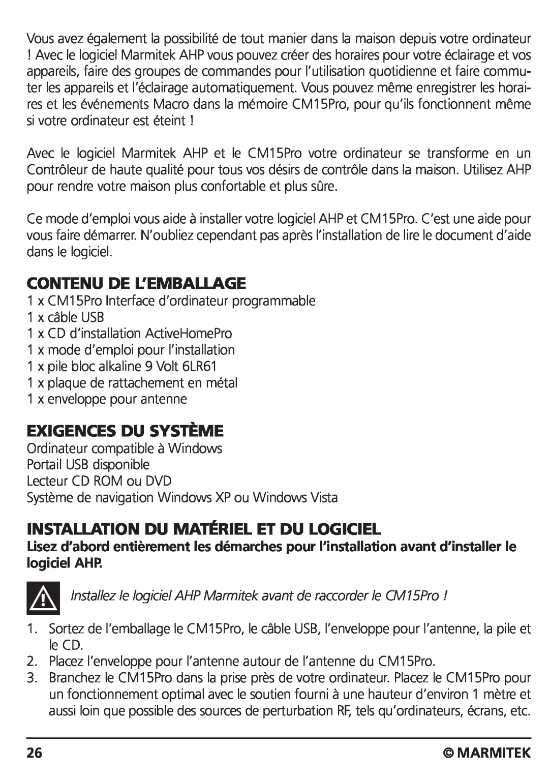 Marmitek CM15PRO manual Contenu De L’Emballage, Exigences Du Système, Installation Du Matériel Et Du Logiciel, Marmitek 
