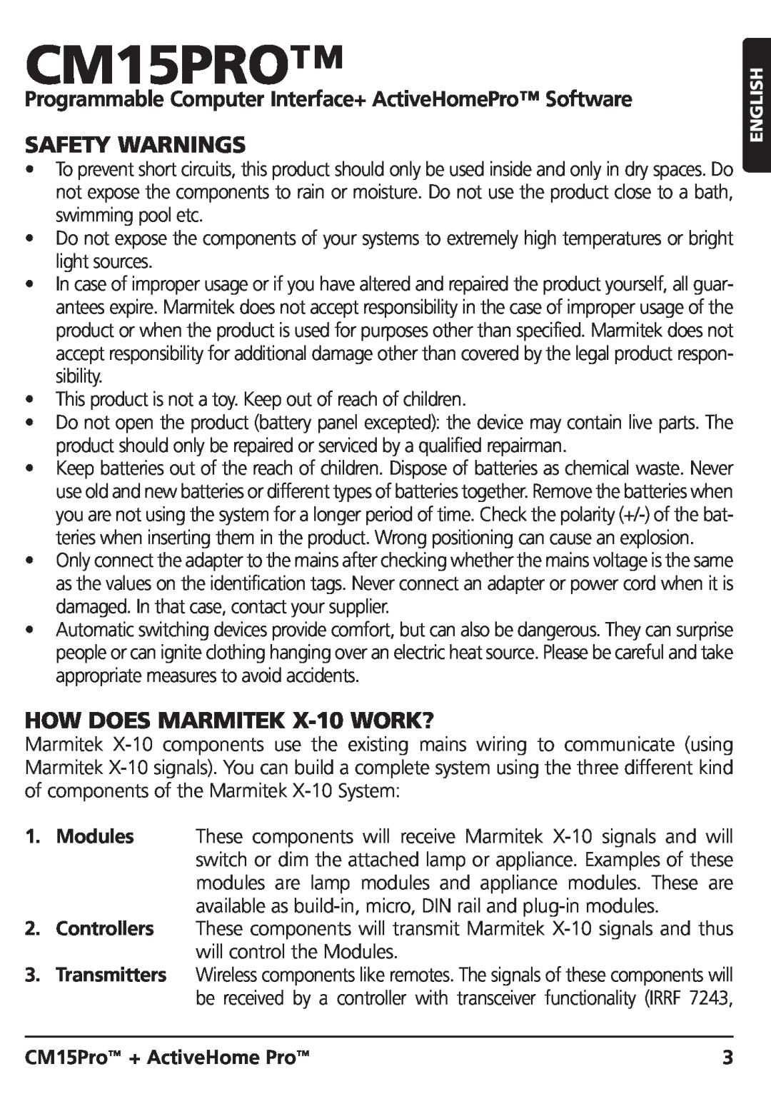 Marmitek CM15PRO manual Safety Warnings, HOW DOES MARMITEK X-10WORK?, CM15Pro + ActiveHome Pro 