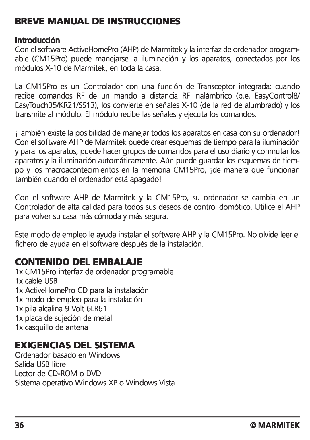 Marmitek CM15PRO Breve Manual De Instrucciones, Contenido Del Embalaje, Exigencias Del Sistema, Introducción, Marmitek 
