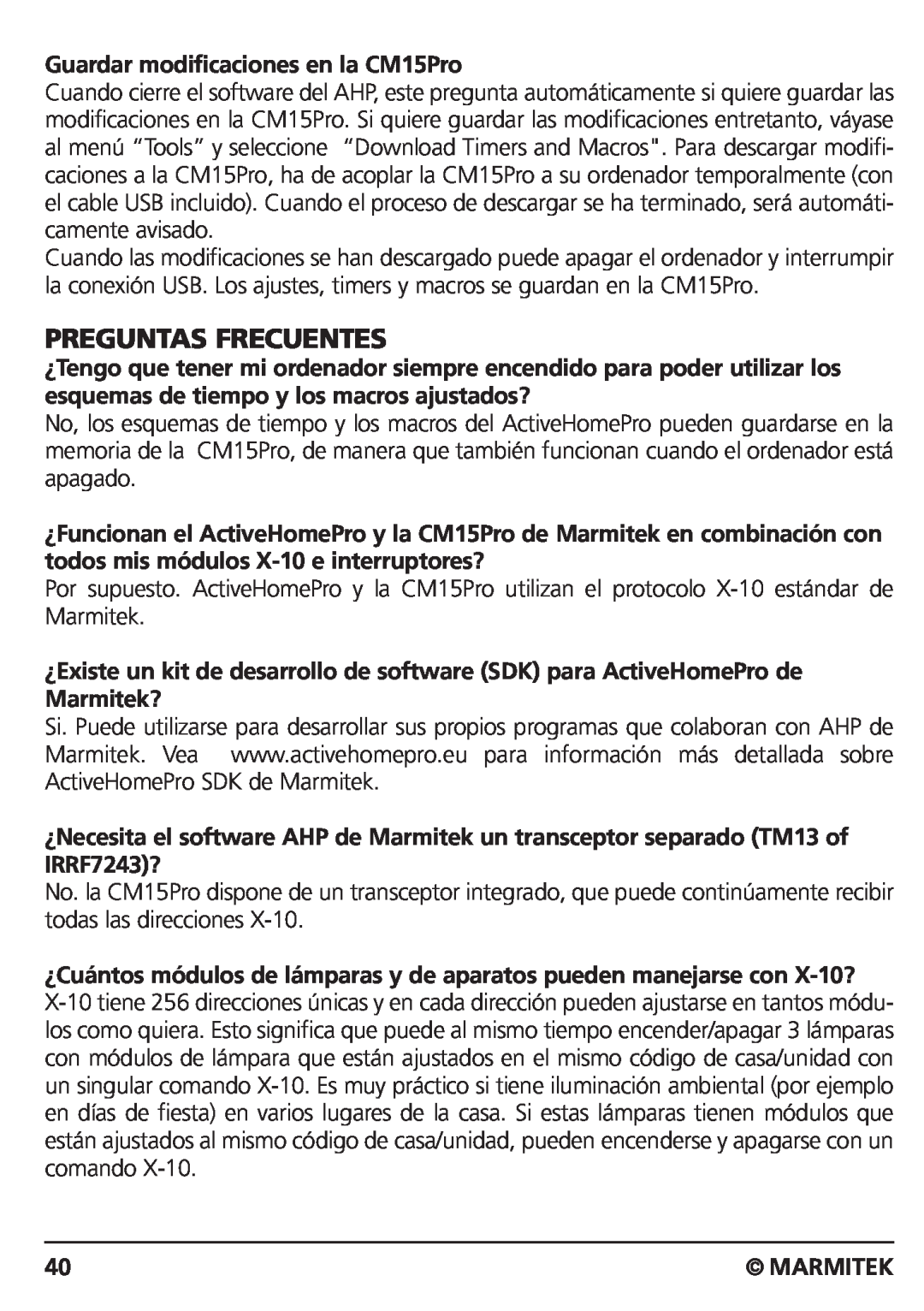 Marmitek CM15PRO manual Preguntas Frecuentes, Guardar modificaciones en la CM15Pro, Marmitek 