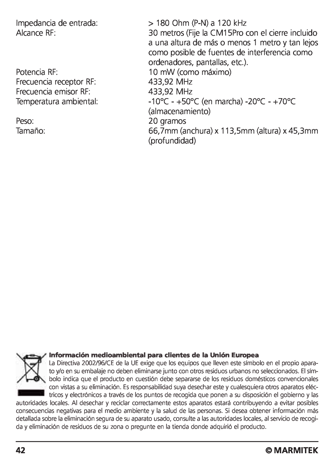 Marmitek CM15PRO manual Impedancia de entrada, Marmitek 