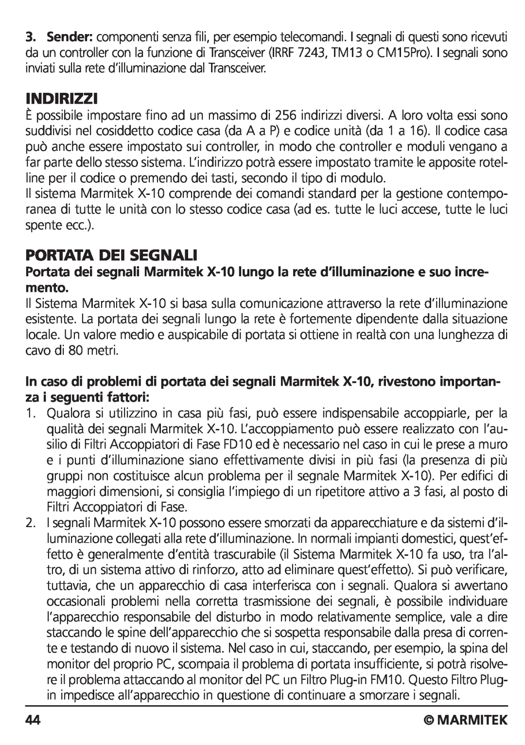 Marmitek CM15PRO manual Indirizzi, Portata Dei Segnali, Marmitek 