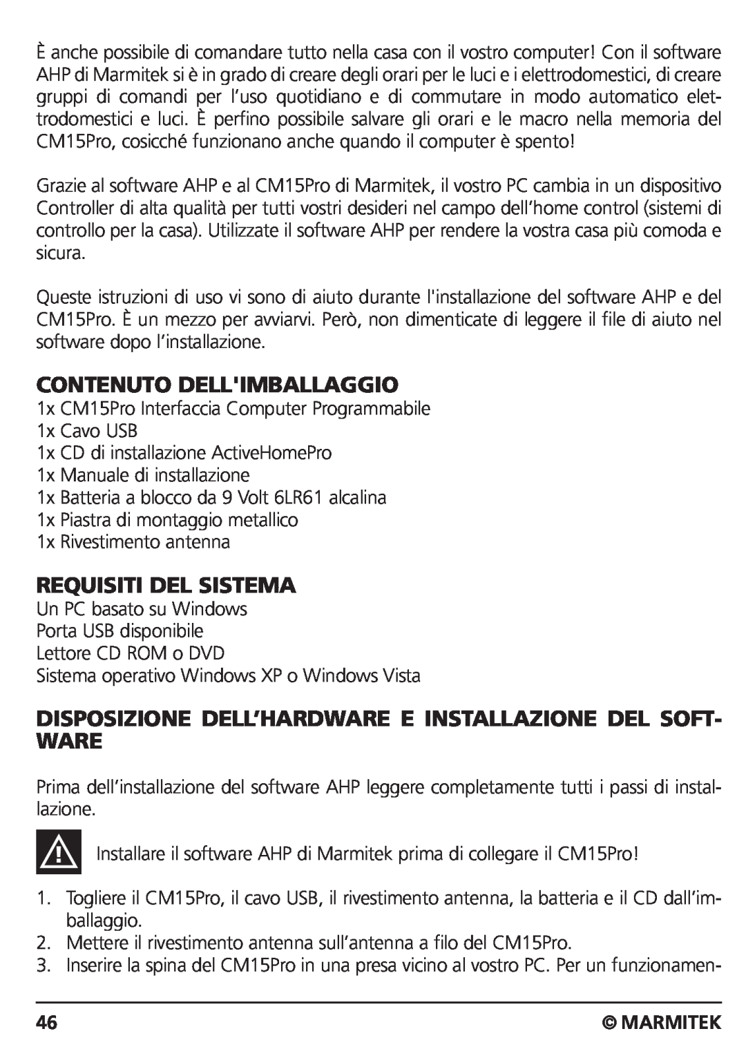 Marmitek CM15PRO manual Contenuto Dellimballaggio, Requisiti Del Sistema, Marmitek 