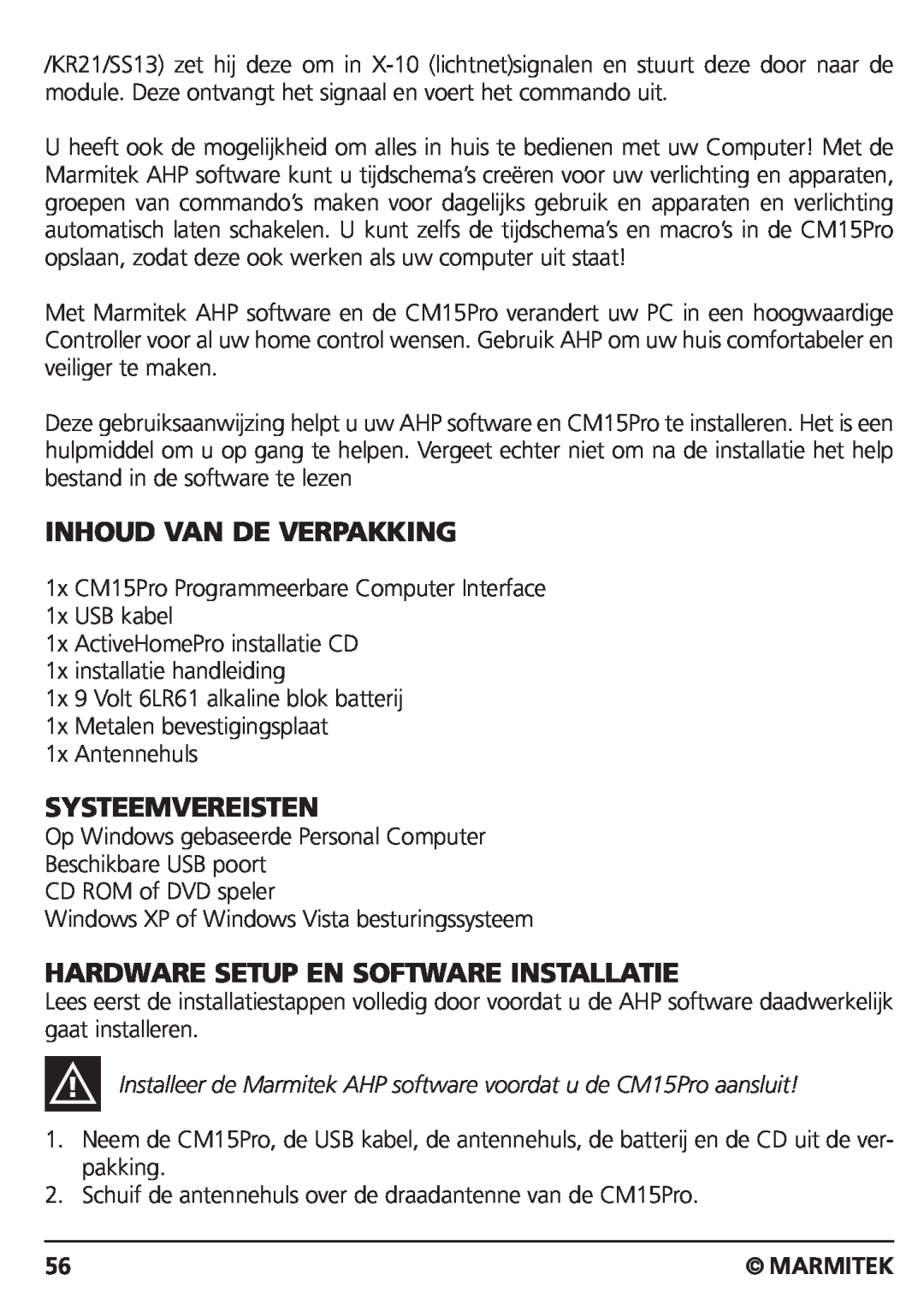 Marmitek CM15PRO manual Inhoud Van De Verpakking, Systeemvereisten, Hardware Setup En Software Installatie, Marmitek 