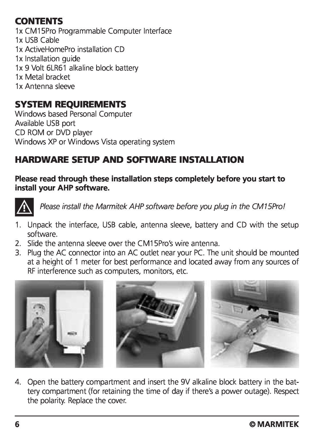 Marmitek CM15PRO manual Contents, System Requirements, Hardware Setup And Software Installation, Marmitek 