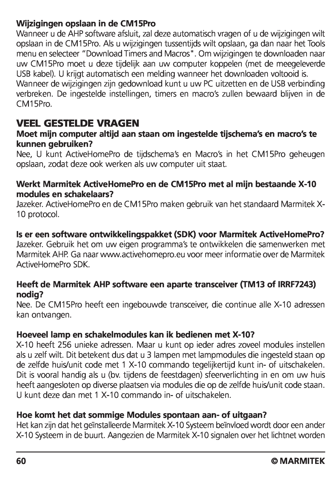 Marmitek CM15PRO manual Veel Gestelde Vragen, Wijzigingen opslaan in de CM15Pro, Marmitek 