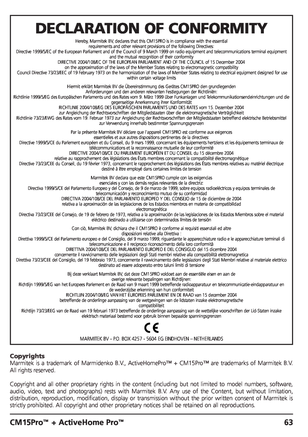 Marmitek CM15PRO manual Declaration Of Conformity, CM15Pro + ActiveHome Pro, Copyrights 