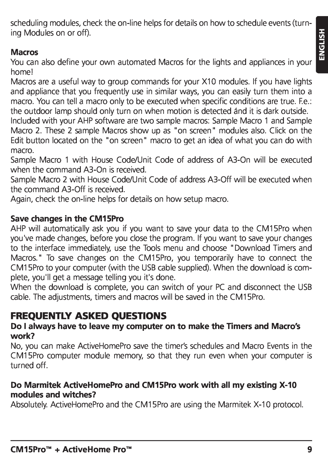 Marmitek CM15PRO manual Frequently Asked Questions, Macros, Save changes in the CM15Pro, CM15Pro + ActiveHome Pro 