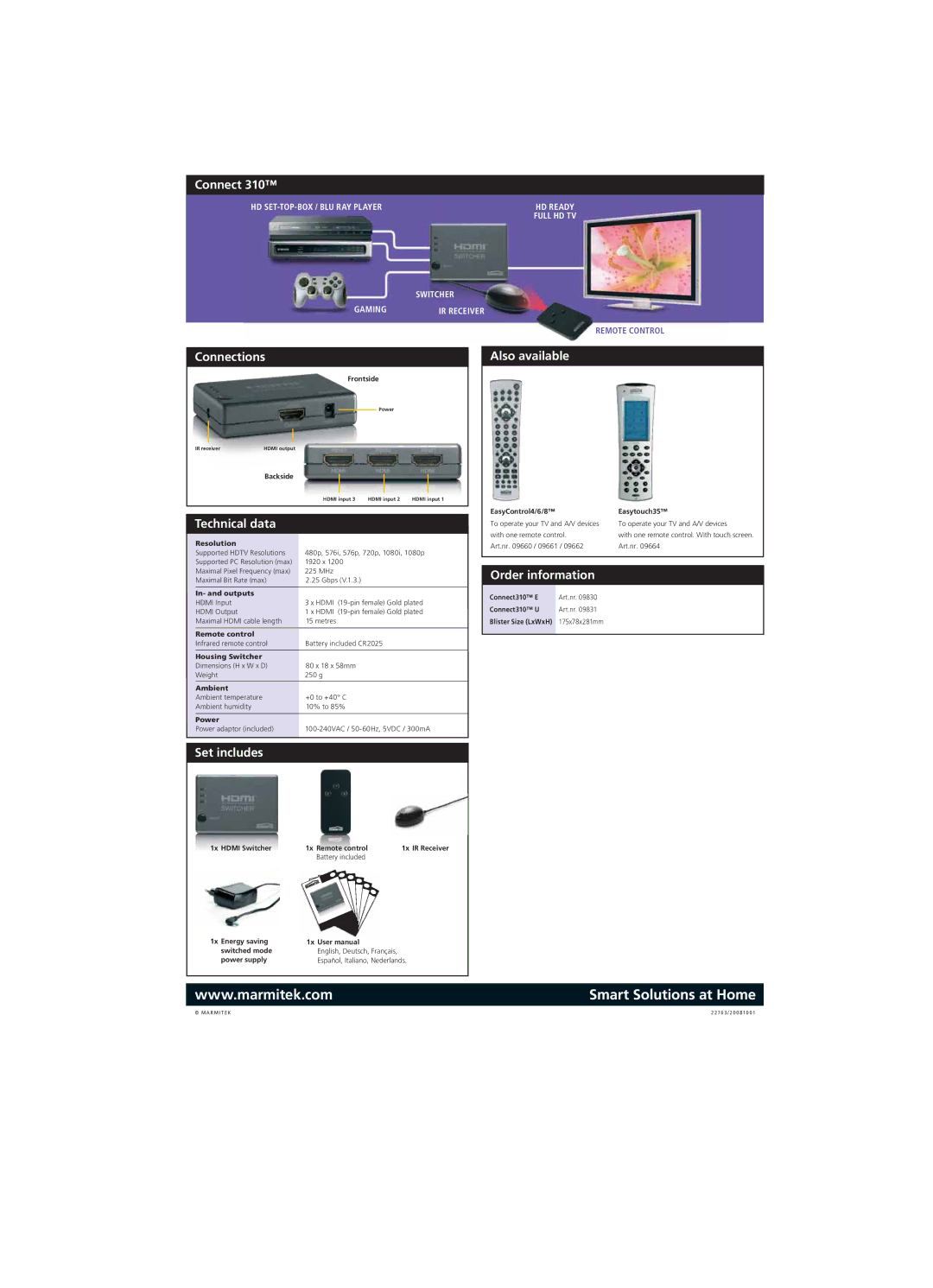 Marmitek Connect 310 manual Connections, Technical data, Set includes Also available, Order information 