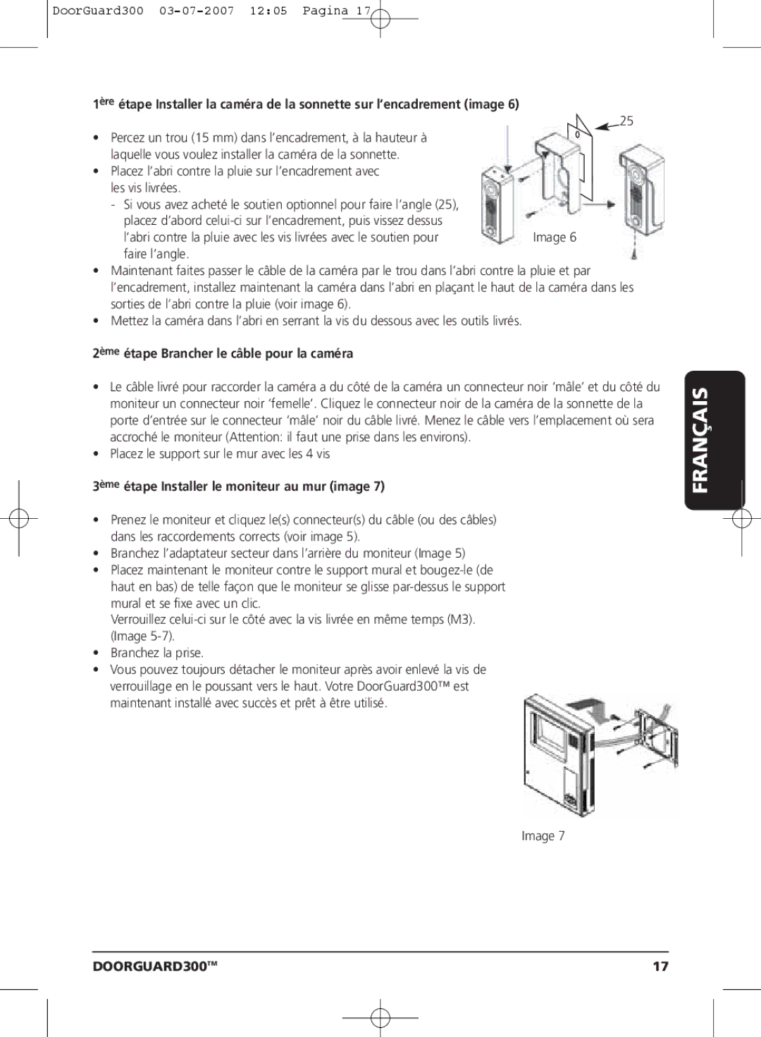 Marmitek DOORGUARD300TM 2ème étape Brancher le câble pour la caméra, 3ème étape Installer le moniteur au mur image 