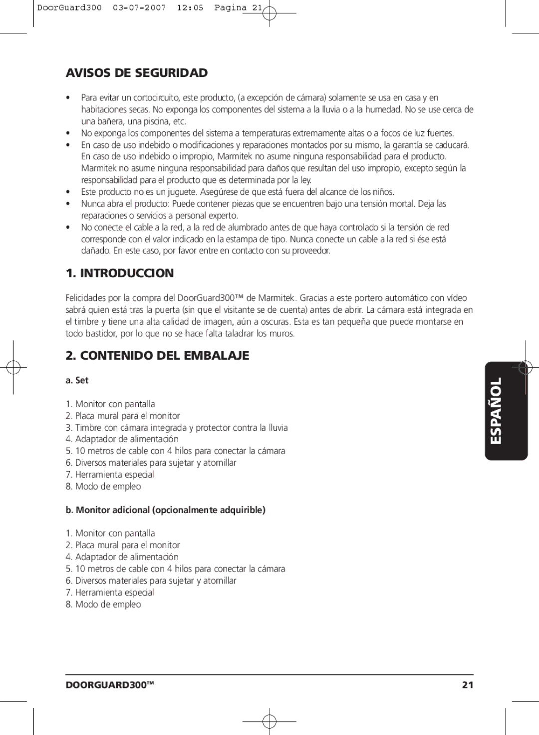 Marmitek DOORGUARD300TM user manual Español, Avisos DE Seguridad, Introduccion, Contenido DEL Embalaje 