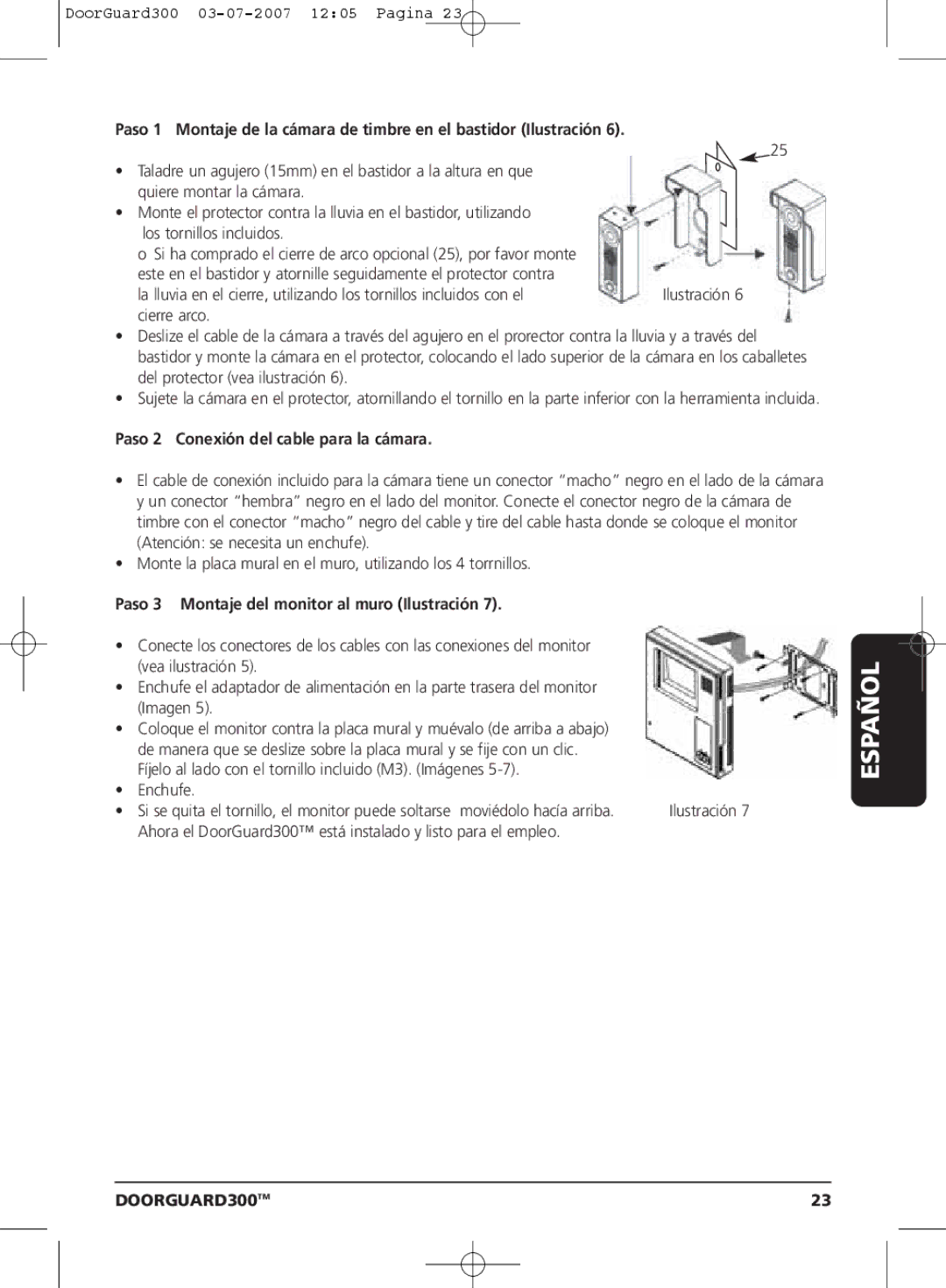 Marmitek DOORGUARD300TM Paso 2 Conexión del cable para la cámara, Paso 3 Montaje del monitor al muro Ilustración 