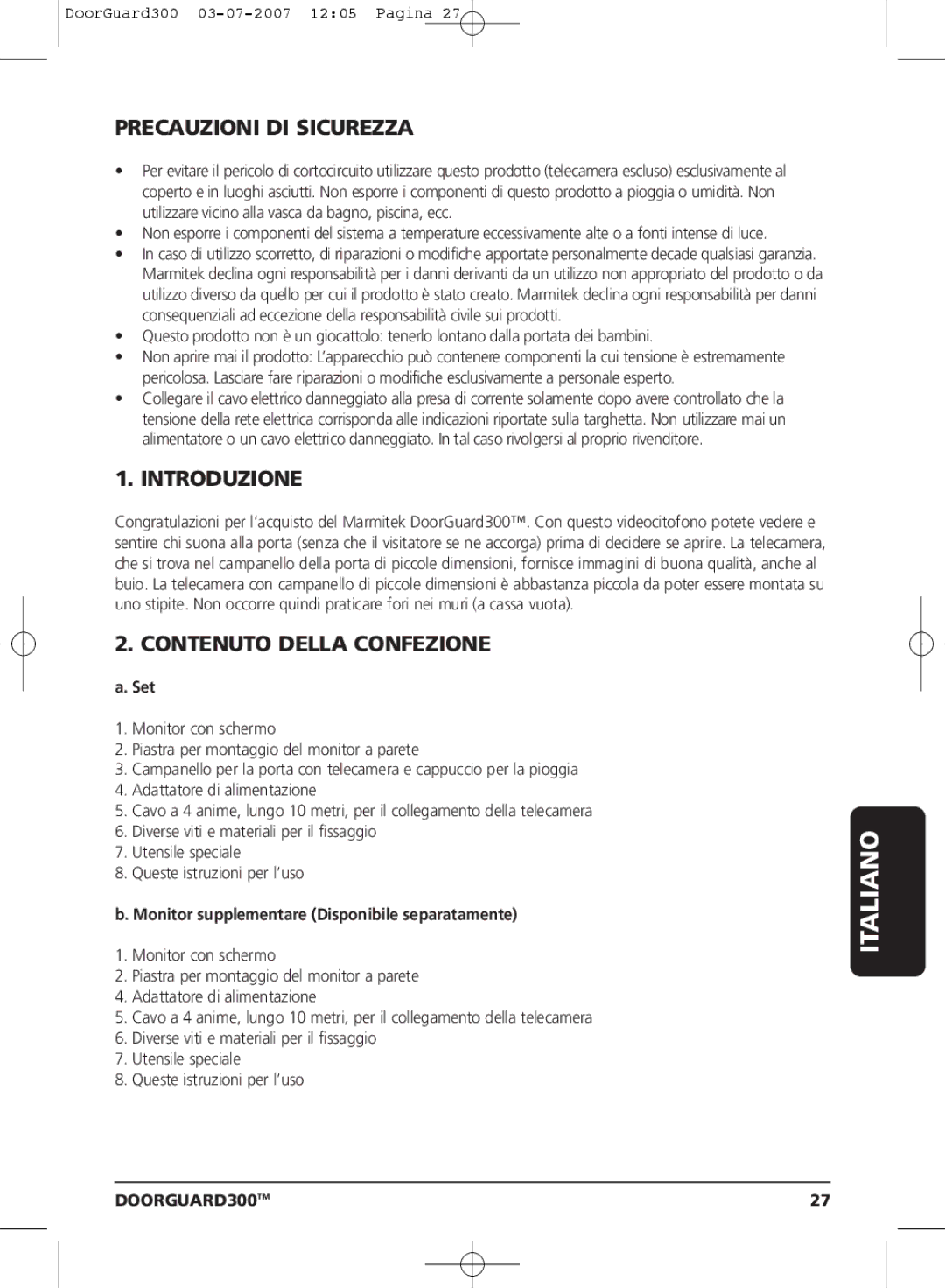 Marmitek DOORGUARD300TM user manual Italiano, Precauzioni DI Sicurezza, Introduzione, Contenuto Della Confezione 