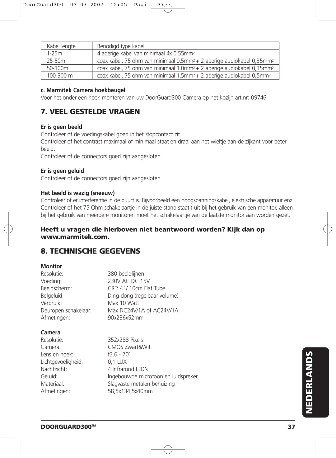 Marmitek DOORGUARD300TM user manual Veel Gestelde Vragen, Technische Gegevens 