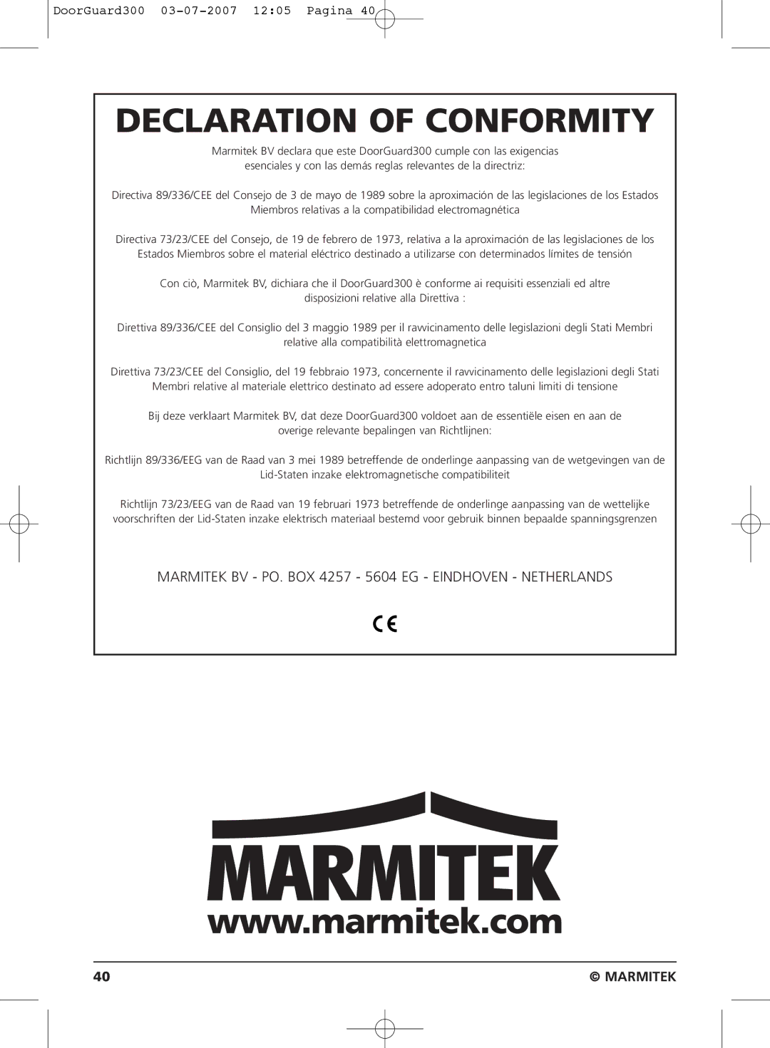 Marmitek DOORGUARD300TM user manual Declaration of Conformity 