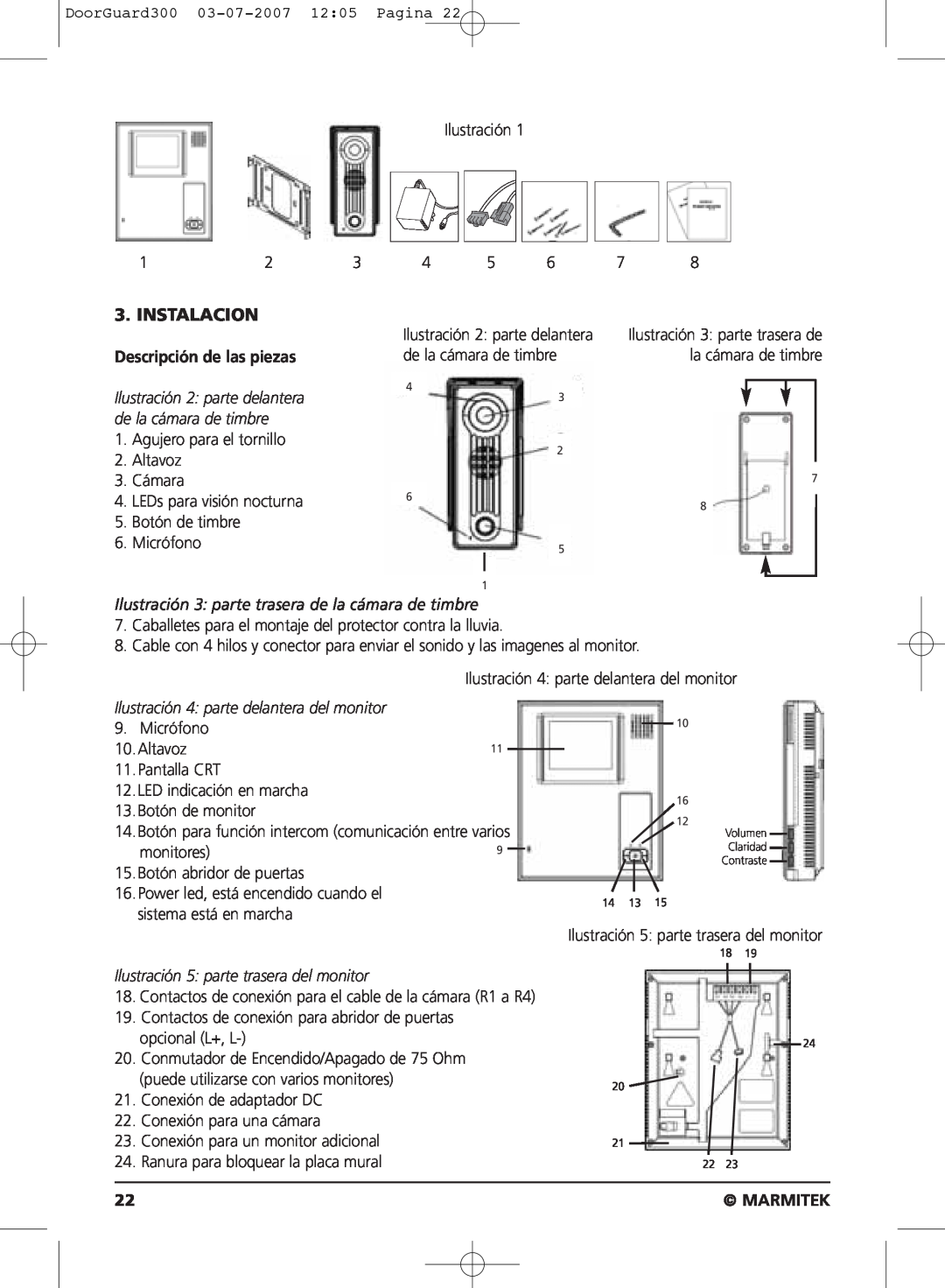 Marmitek DOORGUARD300TM user manual Instalacion, Descripción de las piezas, Marmitek 