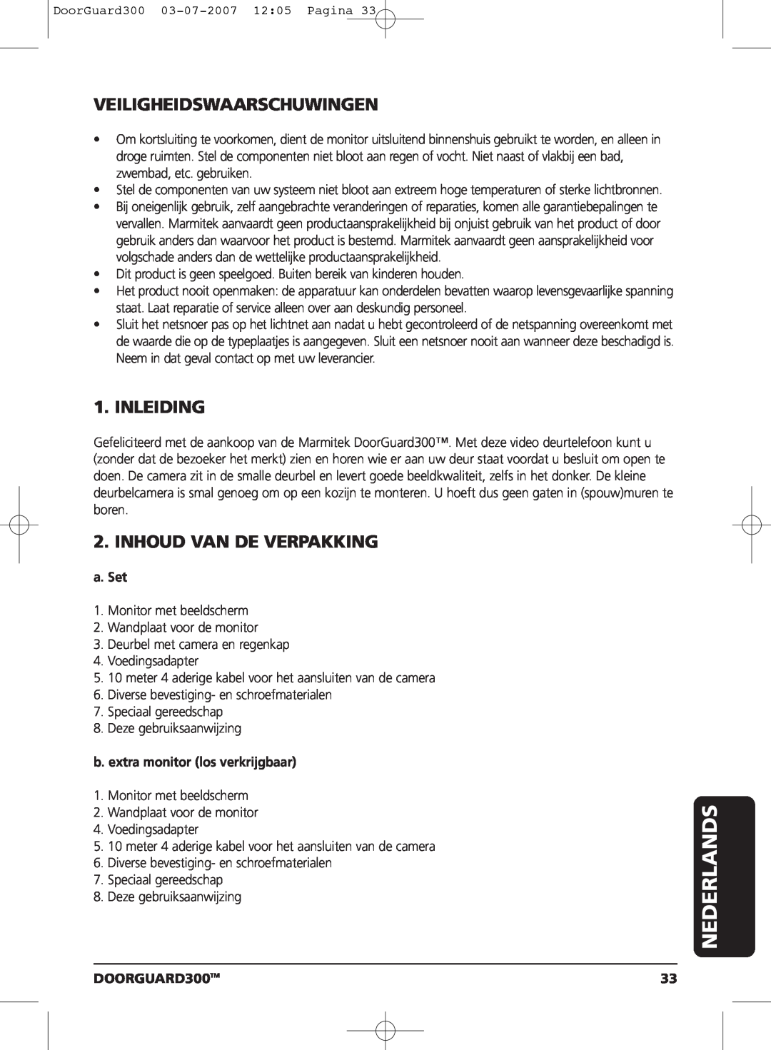 Marmitek DOORGUARD300TM user manual Nederlands, Veiligheidswaarschuwingen, Inleiding, Inhoud Van De Verpakking, a. Set 