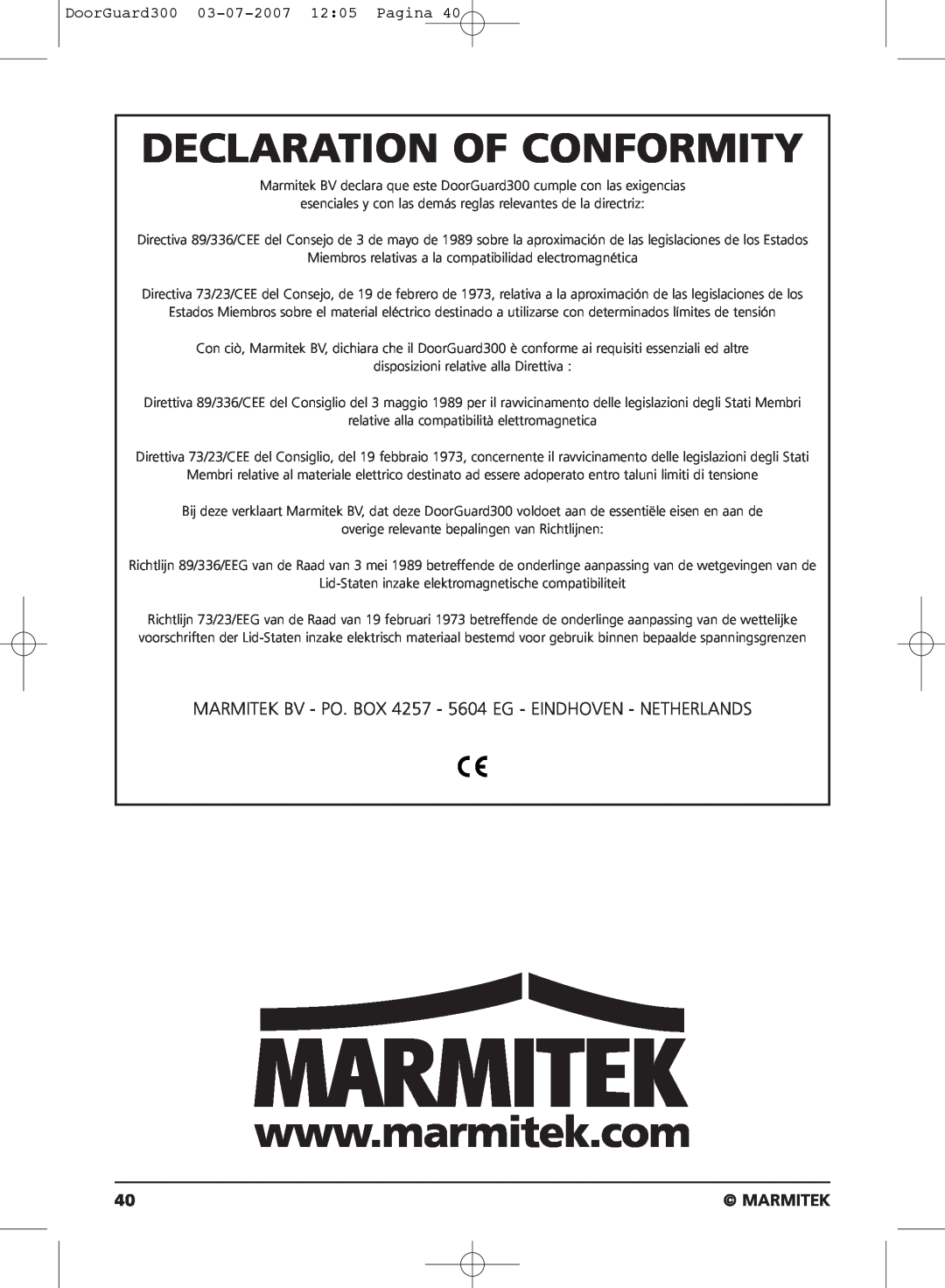 Marmitek DOORGUARD300TM Declaration Of Conformity, MARMITEK BV - PO. BOX 4257 - 5604 EG - EINDHOVEN - NETHERLANDS 