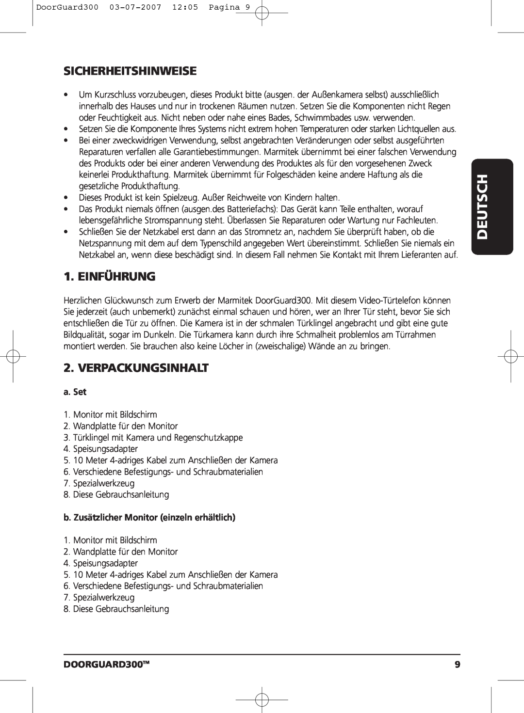 Marmitek DOORGUARD300TM user manual Deutsch, Sicherheitshinweise, Einführung, Verpackungsinhalt, a. Set 