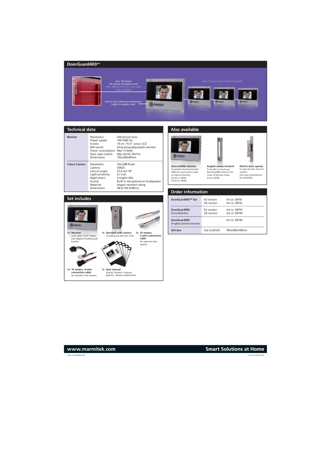 Marmitek DoorGuard400TM manual Technical data, Set includes, Also available, Order information 