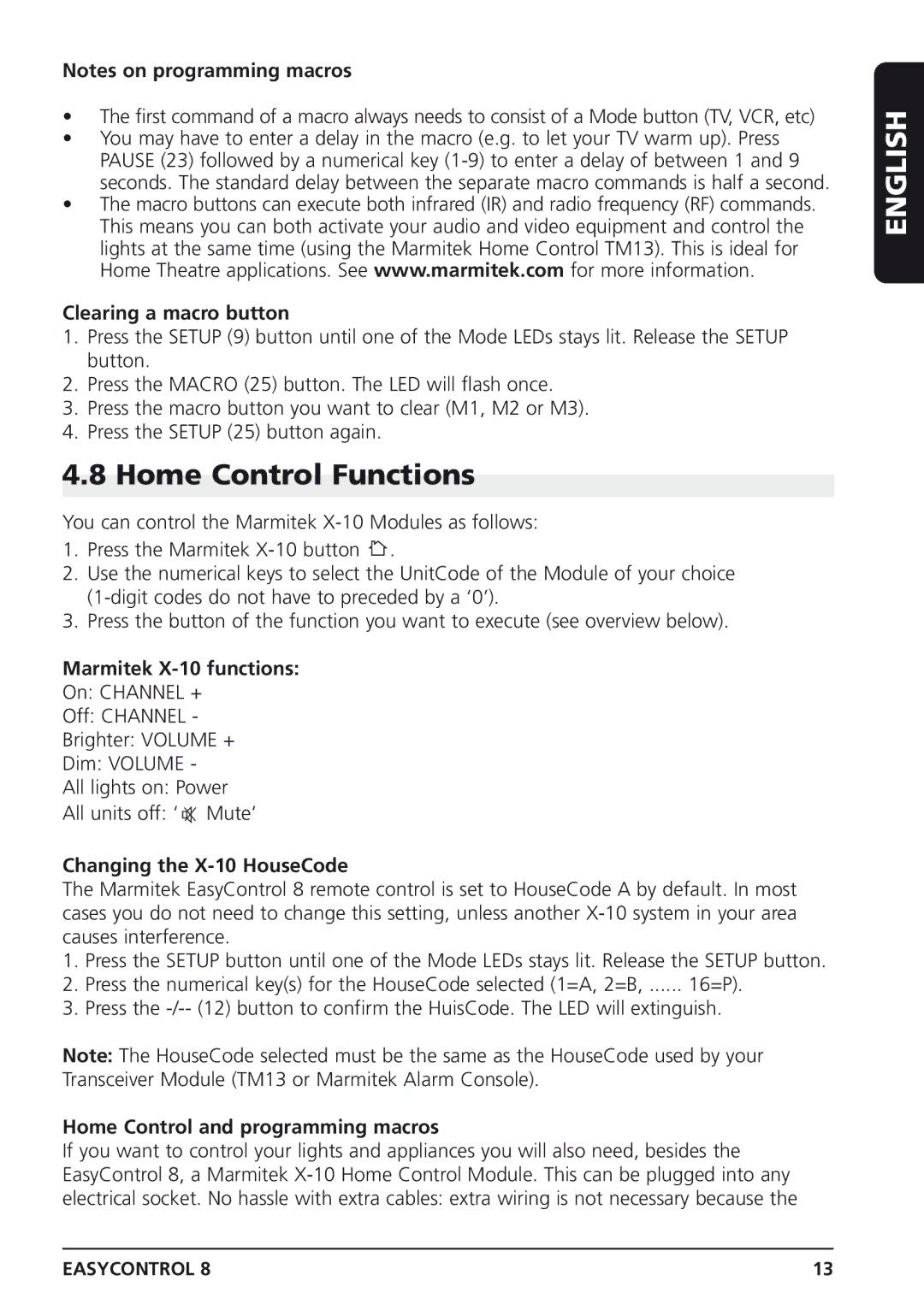 Marmitek Easycontrol 8 owner manual Home Control Functions, Clearing a macro button, Marmitek X-10 functions 