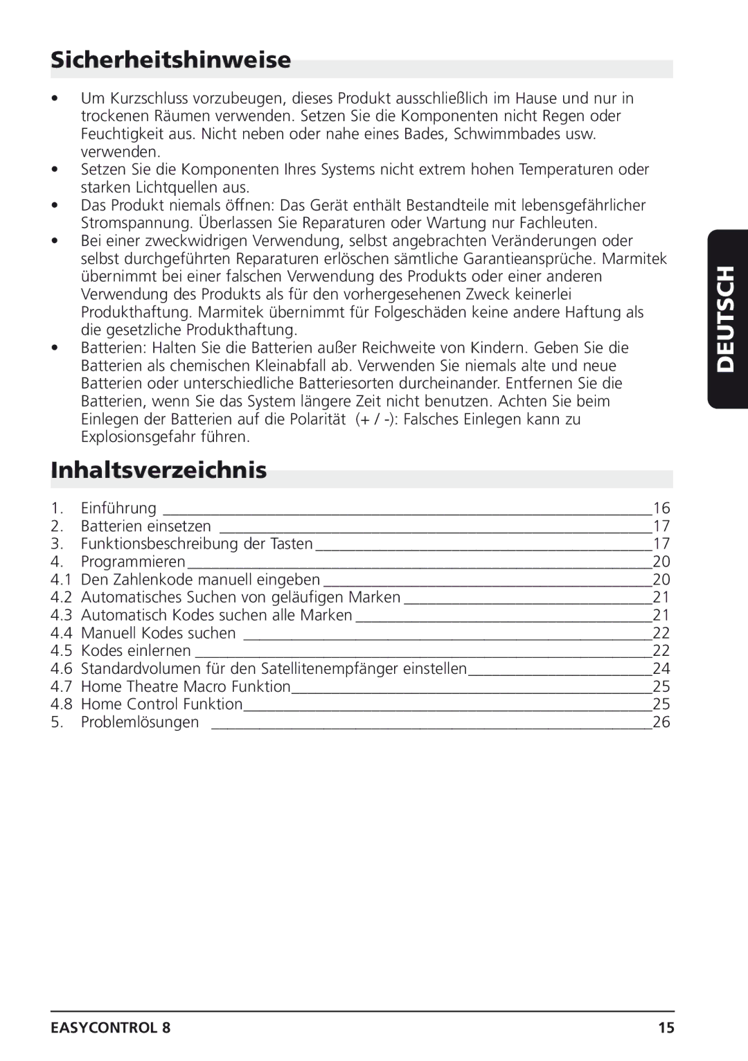 Marmitek Easycontrol 8 owner manual Sicherheitshinweise, Inhaltsverzeichnis 