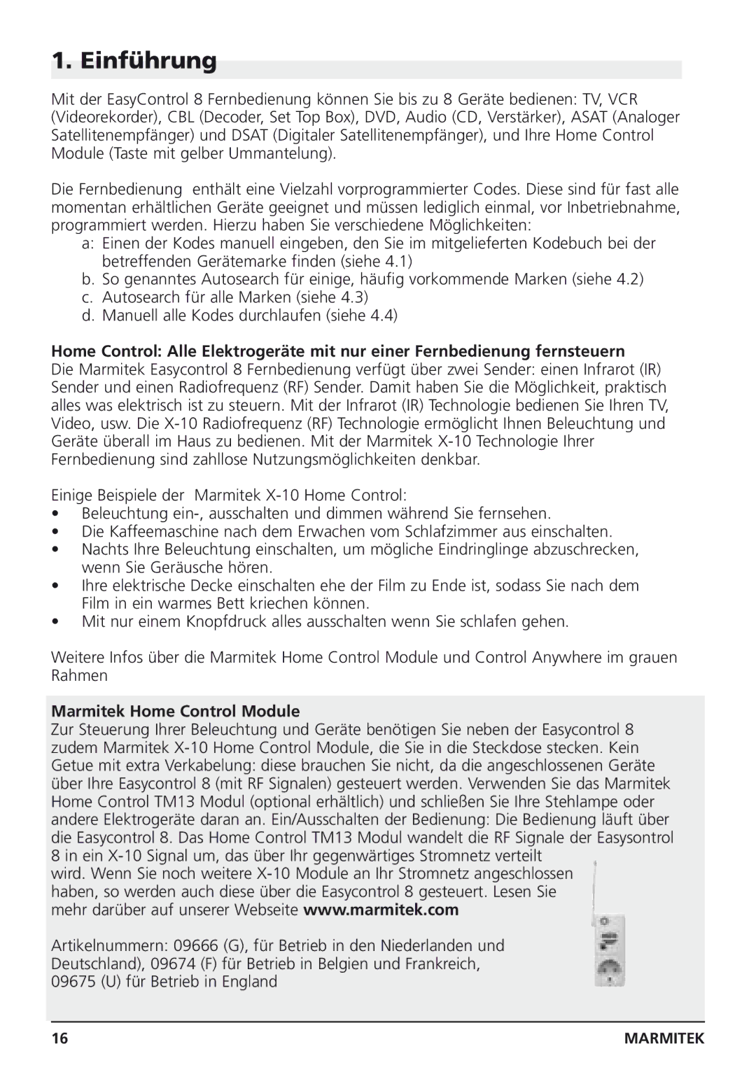 Marmitek Easycontrol 8 owner manual Einführung, Marmitek Home Control Module 