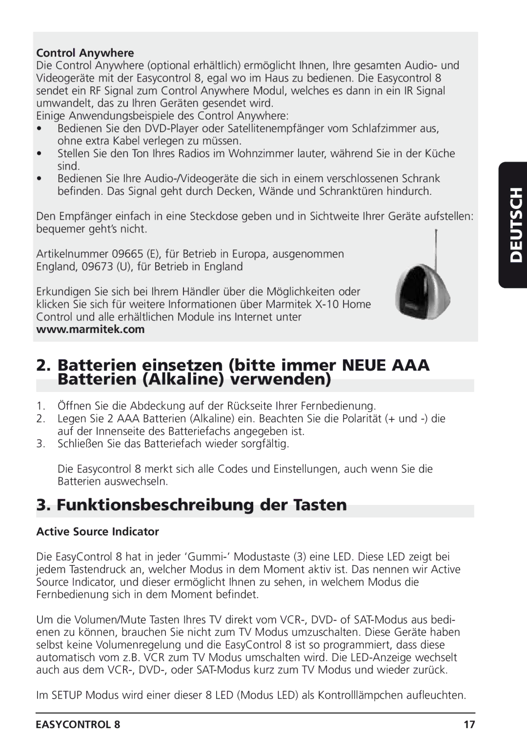 Marmitek Easycontrol 8 owner manual Funktionsbeschreibung der Tasten, Control Anywhere 