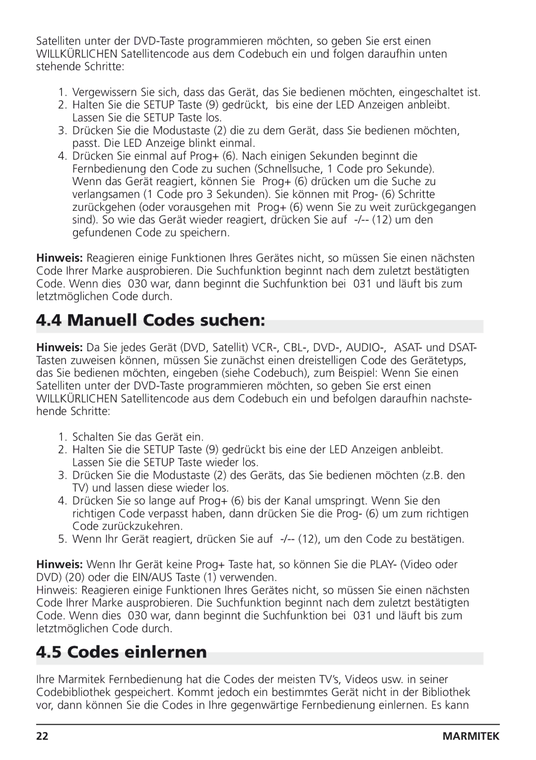 Marmitek Easycontrol 8 owner manual Manuell Codes suchen, Codes einlernen 