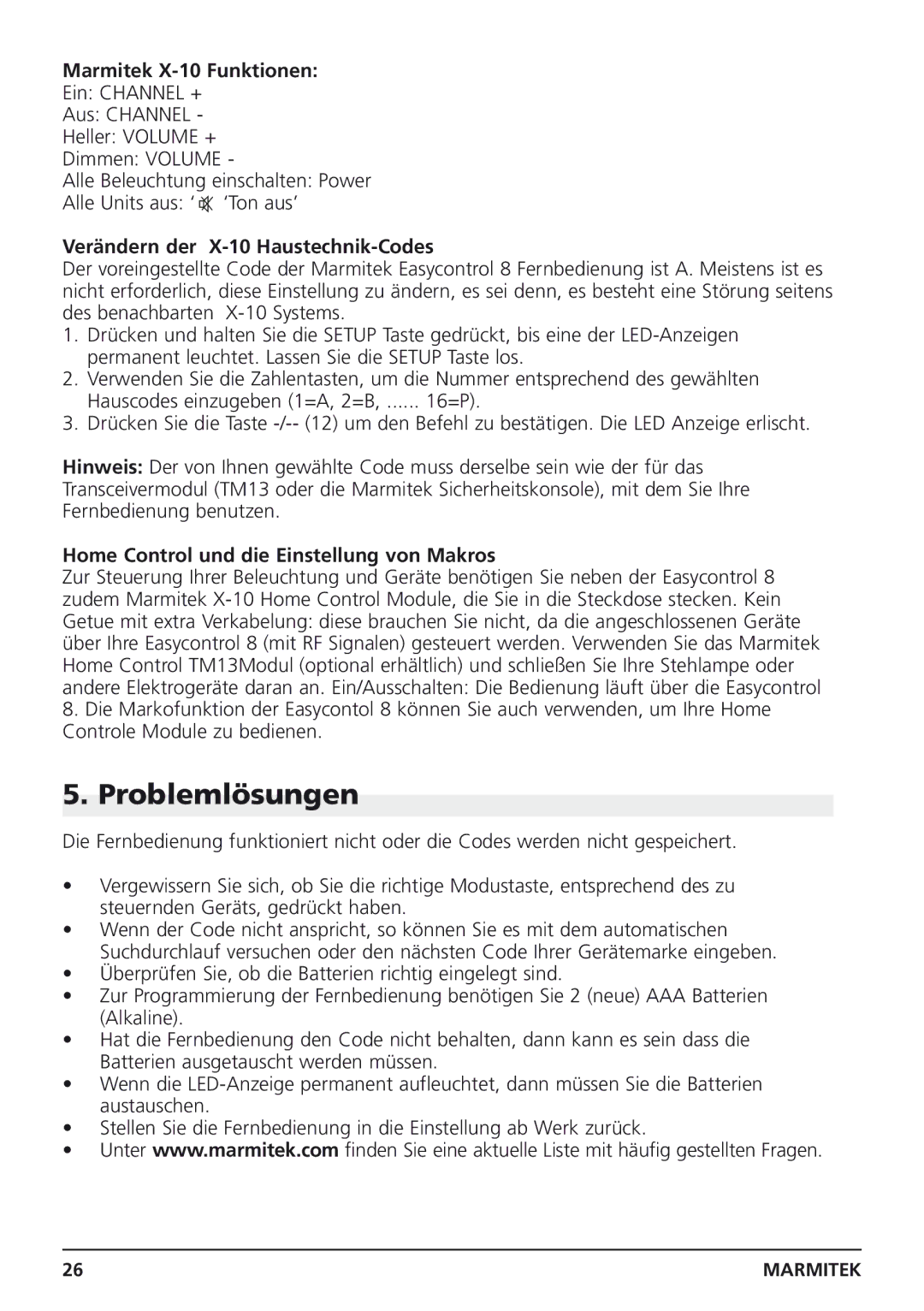 Marmitek Easycontrol 8 owner manual Problemlösungen, Marmitek X-10 Funktionen, Verändern der X-10 Haustechnik-Codes 