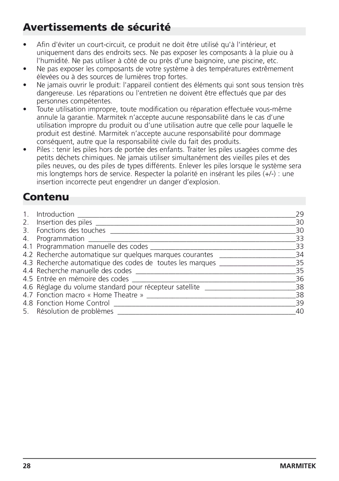 Marmitek Easycontrol 8 owner manual Avertissements de sécurité, Contenu 