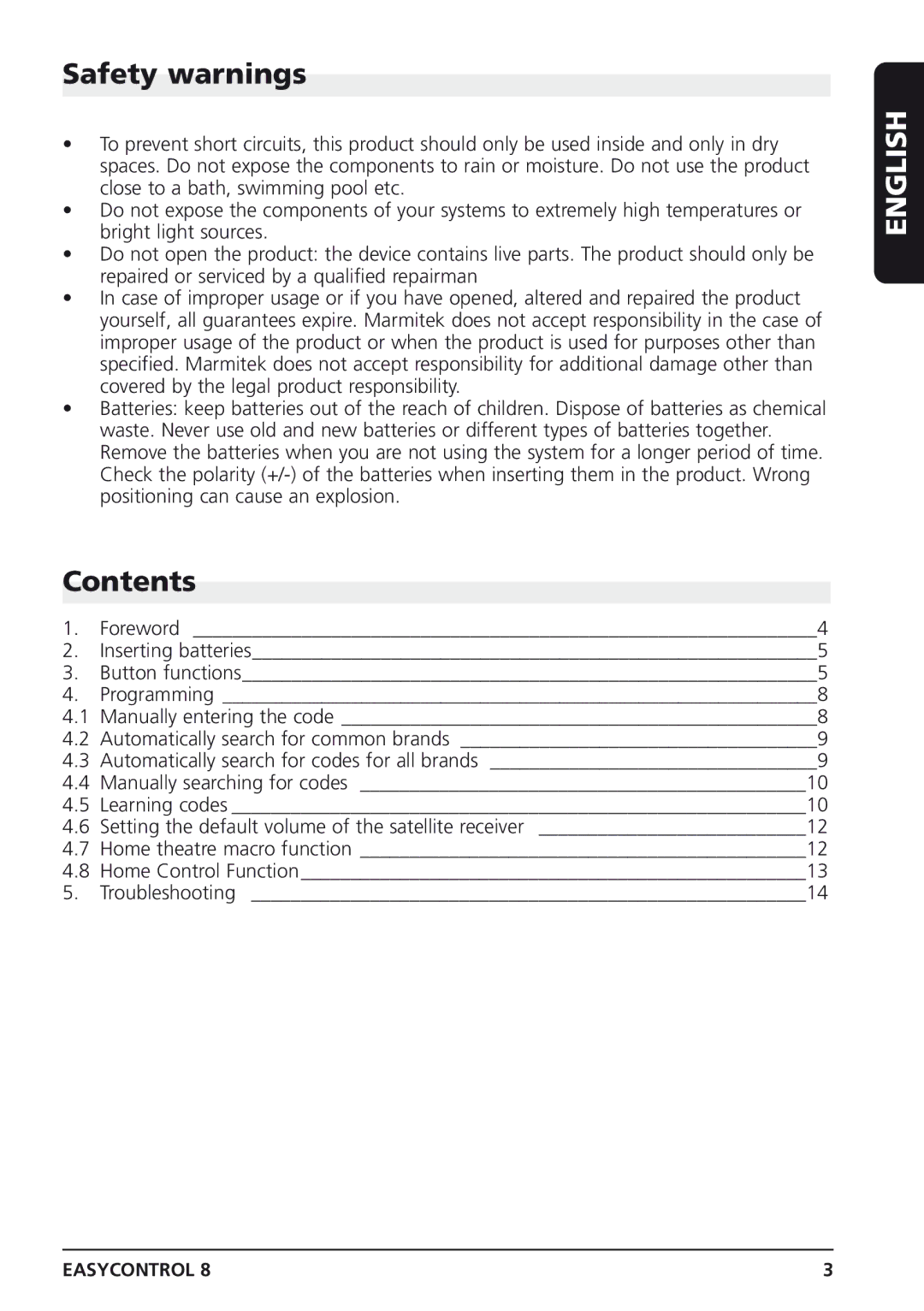 Marmitek Easycontrol 8 owner manual Safety warnings, Contents 