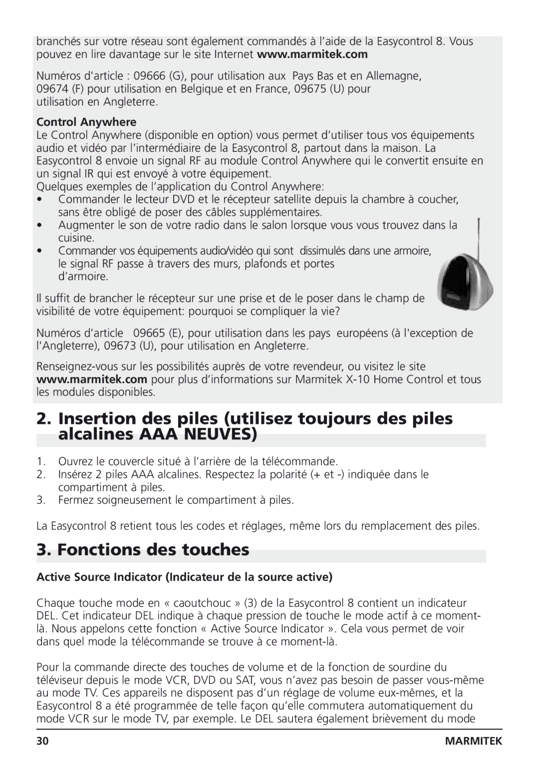 Marmitek Easycontrol 8 owner manual Fonctions des touches, Active Source Indicator Indicateur de la source active 