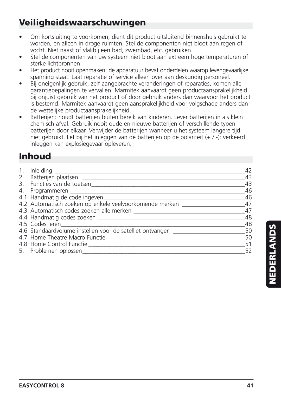 Marmitek Easycontrol 8 owner manual Veiligheidswaarschuwingen, Inhoud 