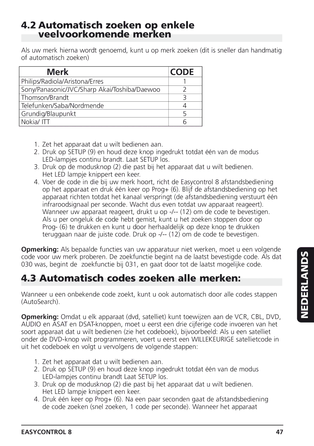 Marmitek Easycontrol 8 Automatisch zoeken op enkele veelvoorkomende merken, Automatisch codes zoeken alle merken 