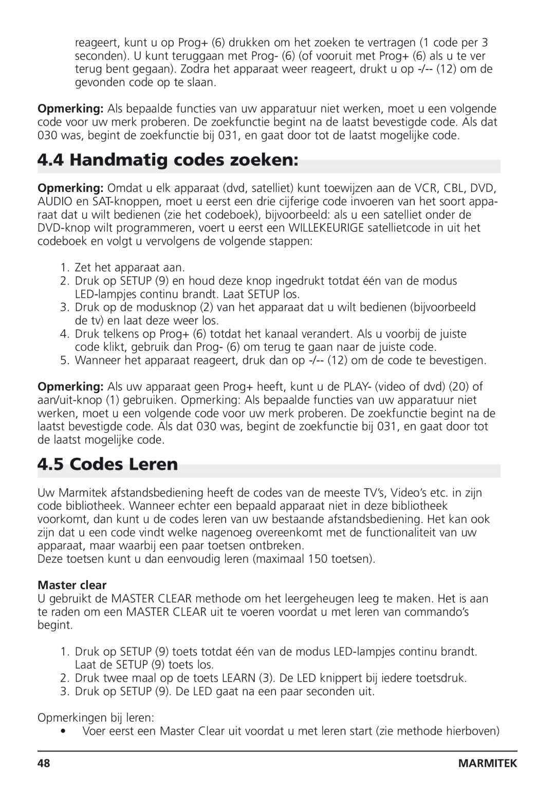 Marmitek Easycontrol 8 owner manual Handmatig codes zoeken, Codes Leren 