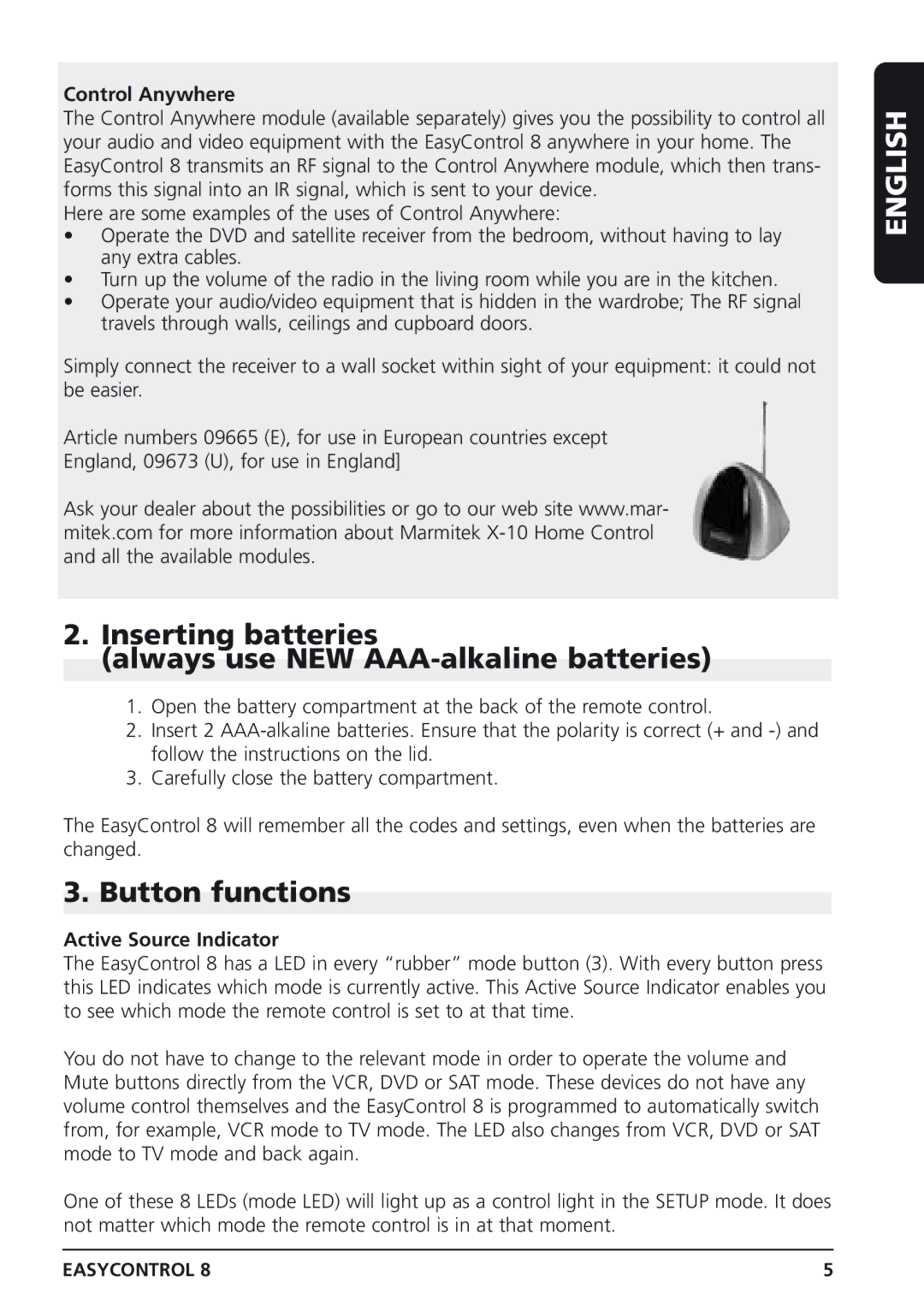 Marmitek Easycontrol 8 Inserting batteries Always use NEW AAA-alkaline batteries, Button functions, Control Anywhere 