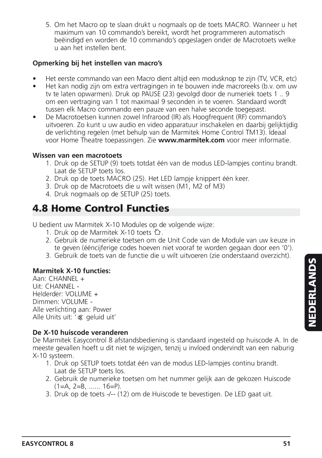 Marmitek Easycontrol 8 Home Control Functies, Opmerking bij het instellen van macro’s, Wissen van een macrotoets 