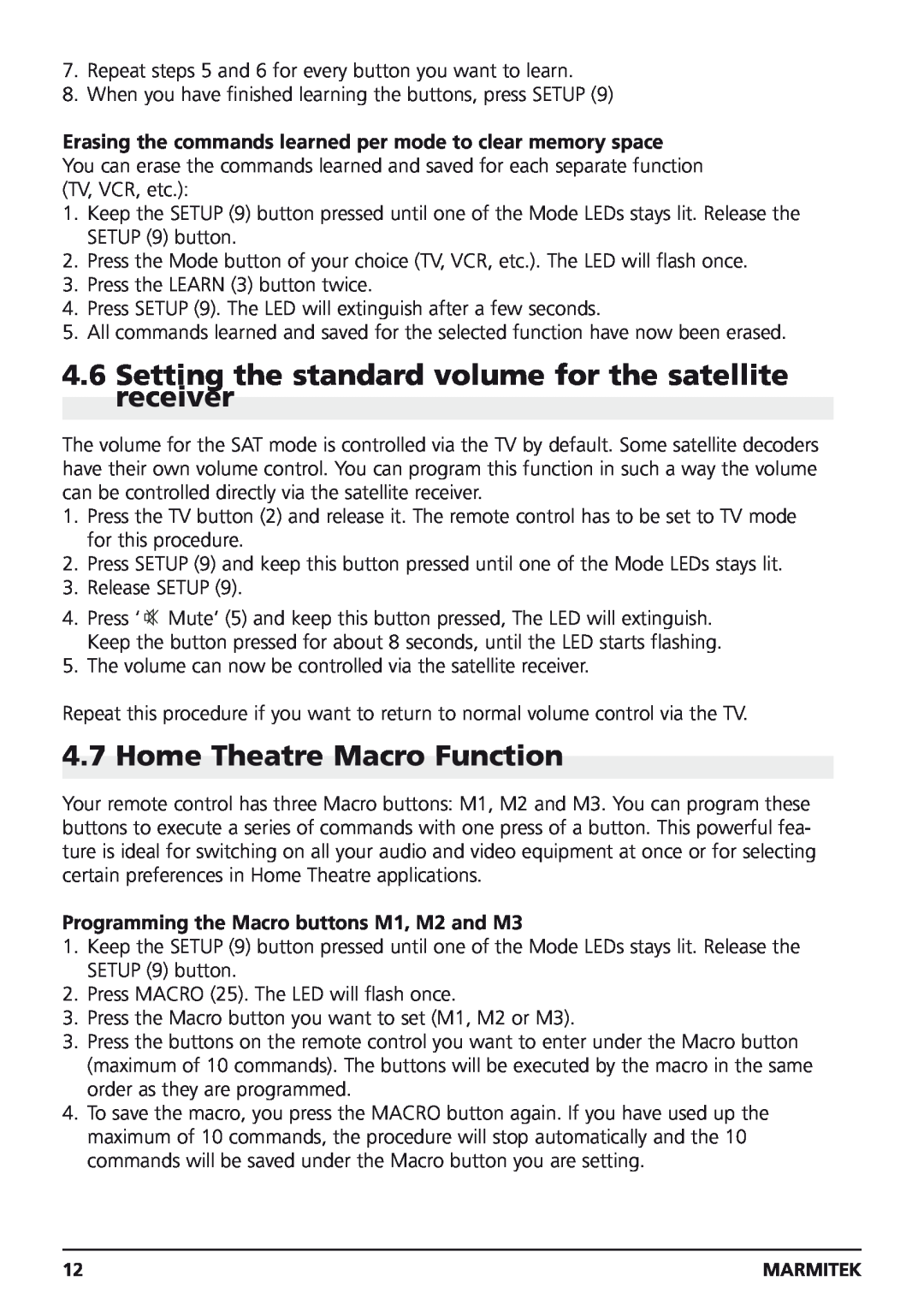Marmitek Easycontrol 8 owner manual Setting the standard volume for the satellite receiver, Home Theatre Macro Function 