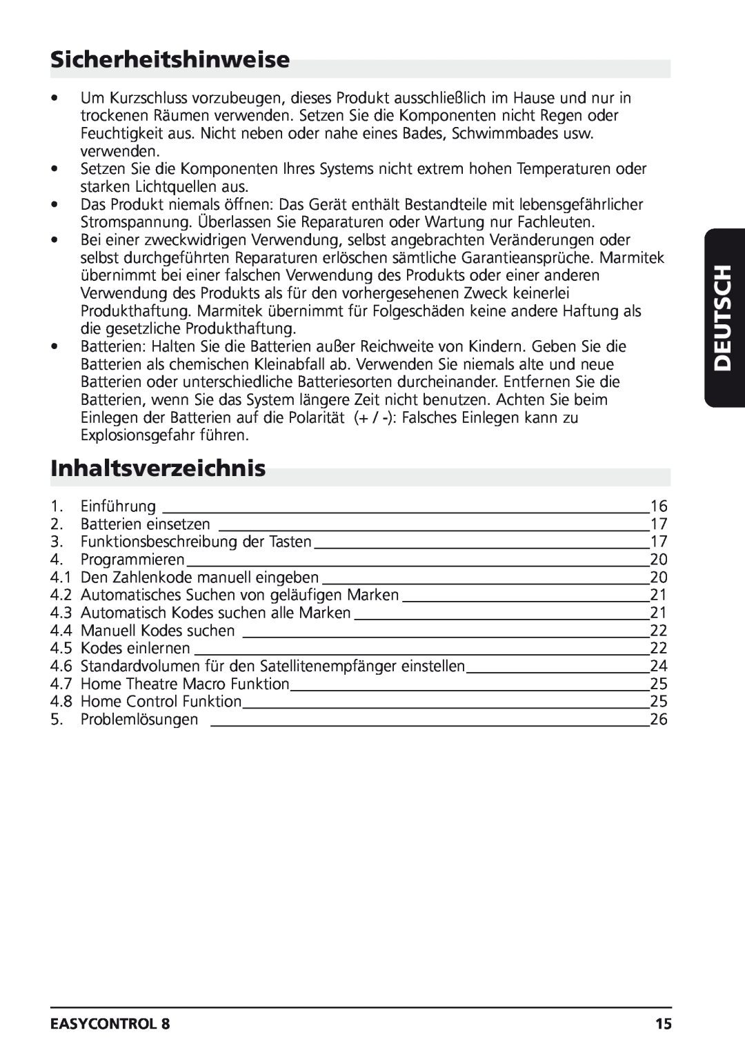 Marmitek Easycontrol 8 owner manual Sicherheitshinweise, Inhaltsverzeichnis, Deutsch 