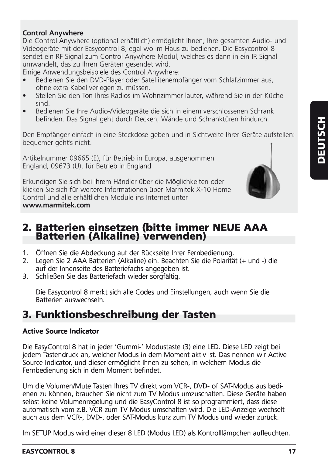 Marmitek Easycontrol 8 owner manual Funktionsbeschreibung der Tasten, Deutsch, Control Anywhere, Active Source Indicator 