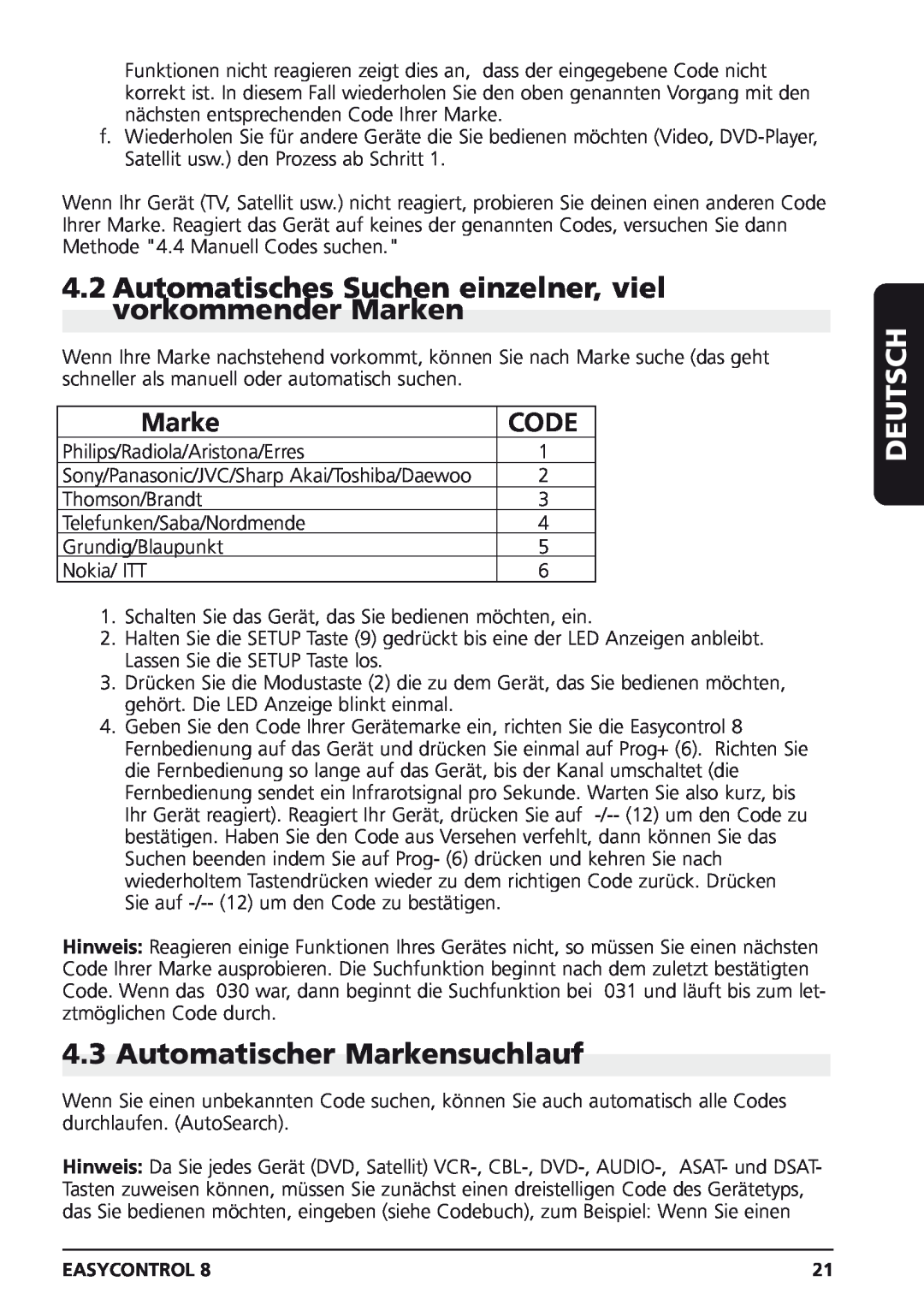 Marmitek Easycontrol 8 Automatisches Suchen einzelner, viel vorkommender Marken, Automatischer Markensuchlauf, Deutsch 