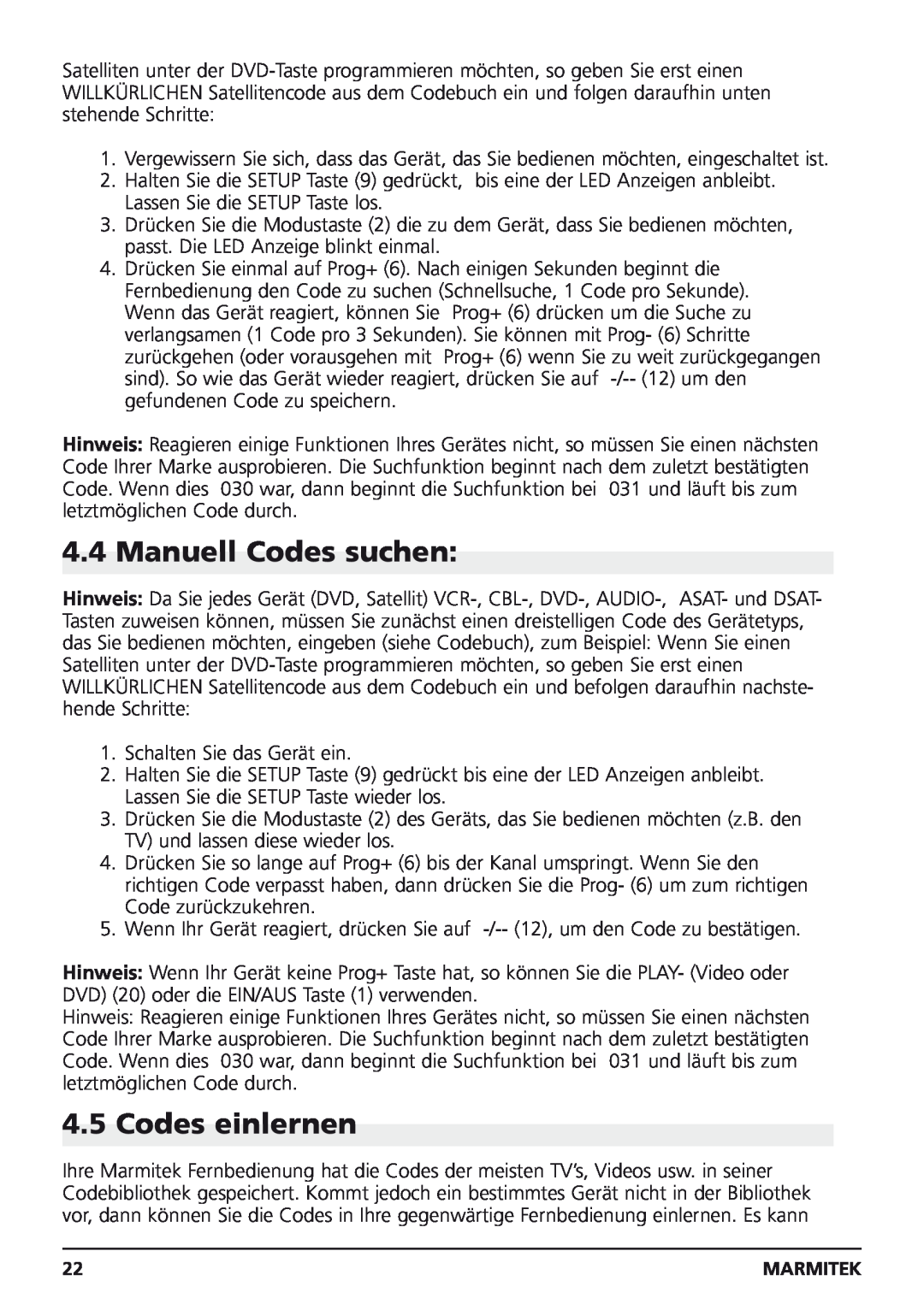 Marmitek Easycontrol 8 owner manual Manuell Codes suchen, Codes einlernen 